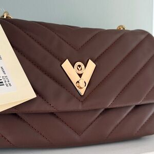 Valentino Quilted Shoulder Bag in Deep Brown with Gold V-Logo